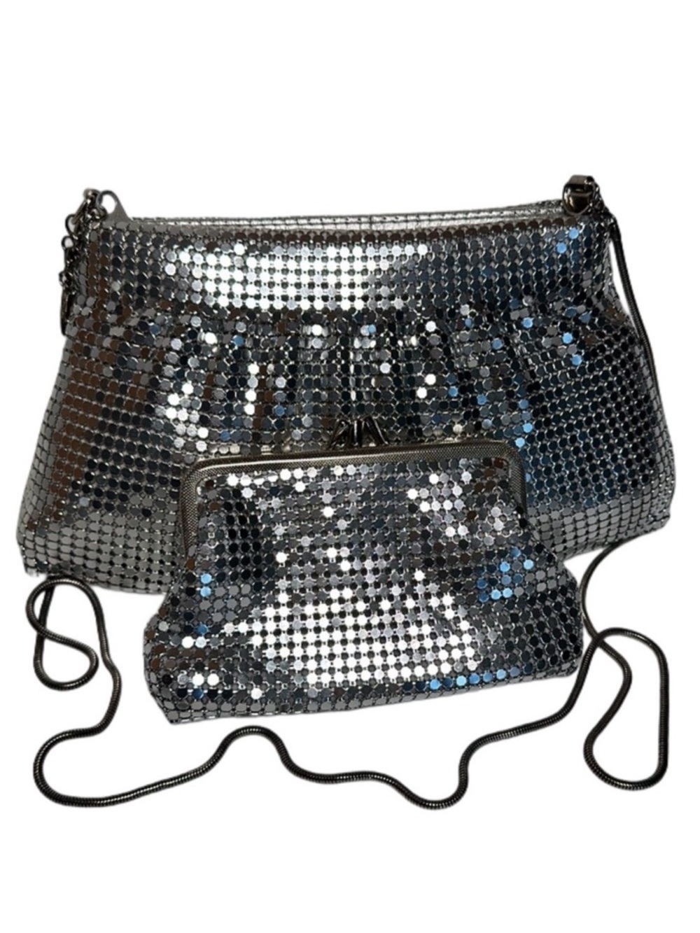 DISCO 80s SET SILVER MESH METAL purse and change purse with snake metal strap